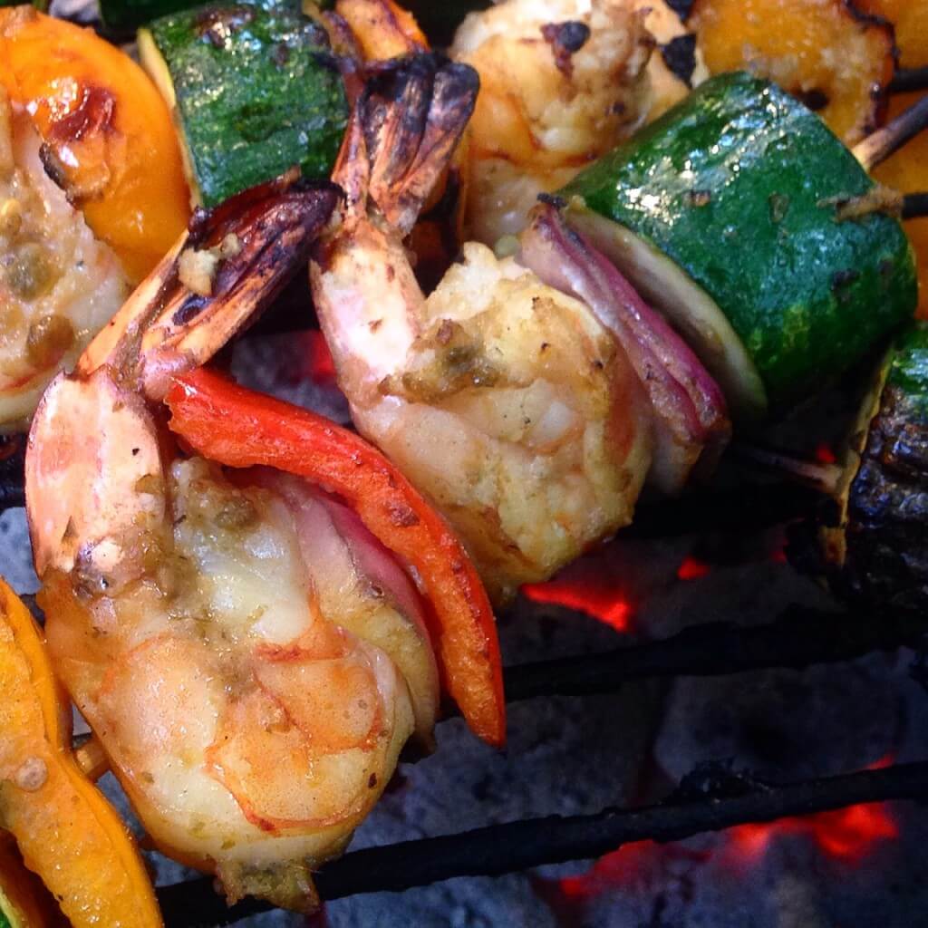 Grilled Lime Leaf Shrimp & Veggie Kebabs