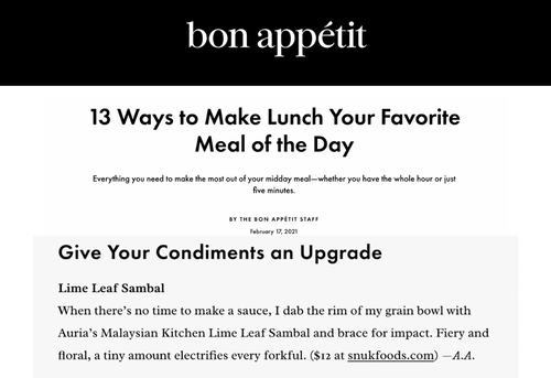 <h5>bon appétit: February 21st, 2021</h5><p>13 Ways to Make Lunch Your Favorite Meal of the Day</p>